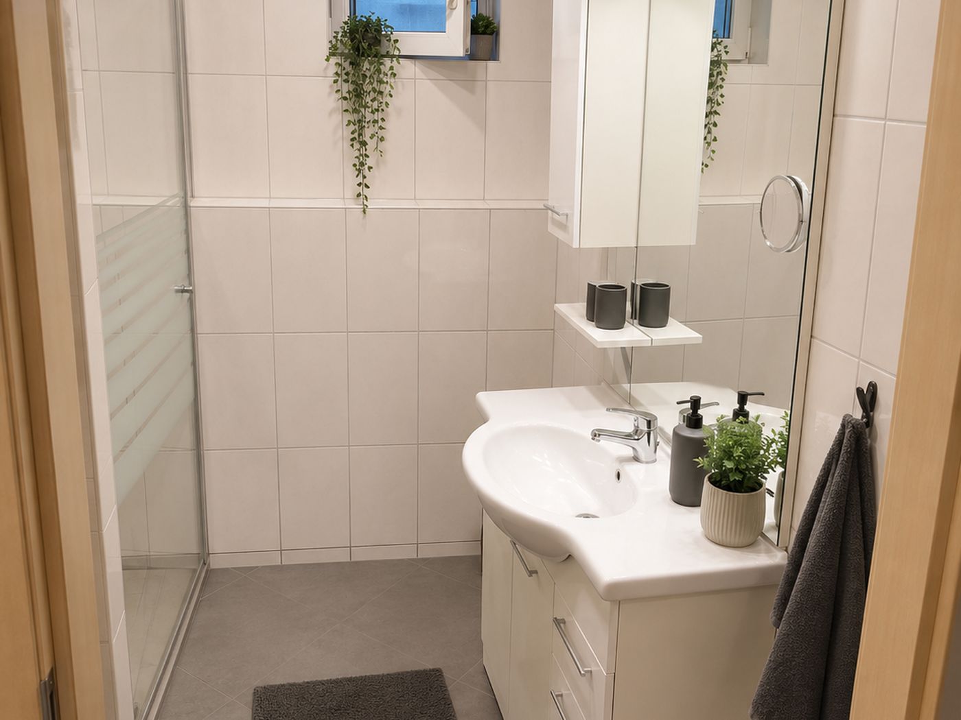 Badezimmer mit Dusche, Waschtisch und beleuchtetem Spiegelschrank